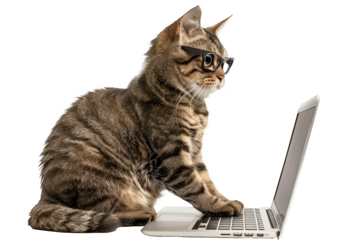 cat with glasses sits on a laptop looking curiously at the screen