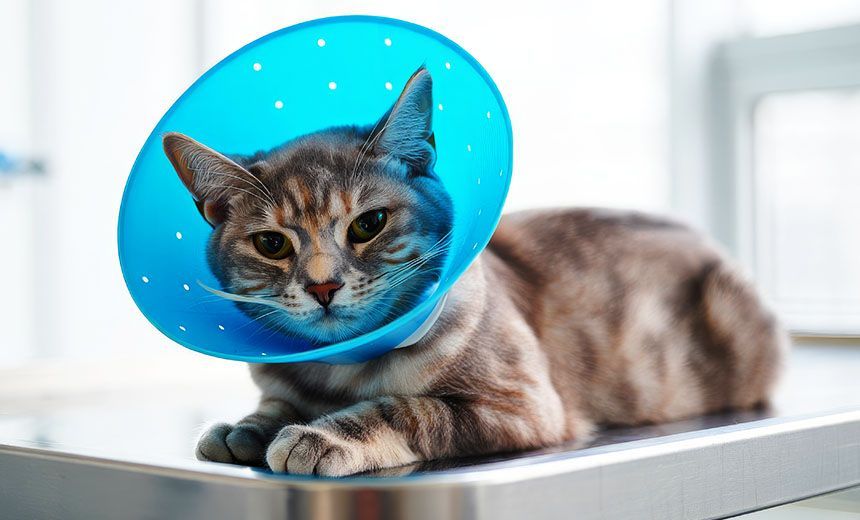 cat with recovery collar at vet